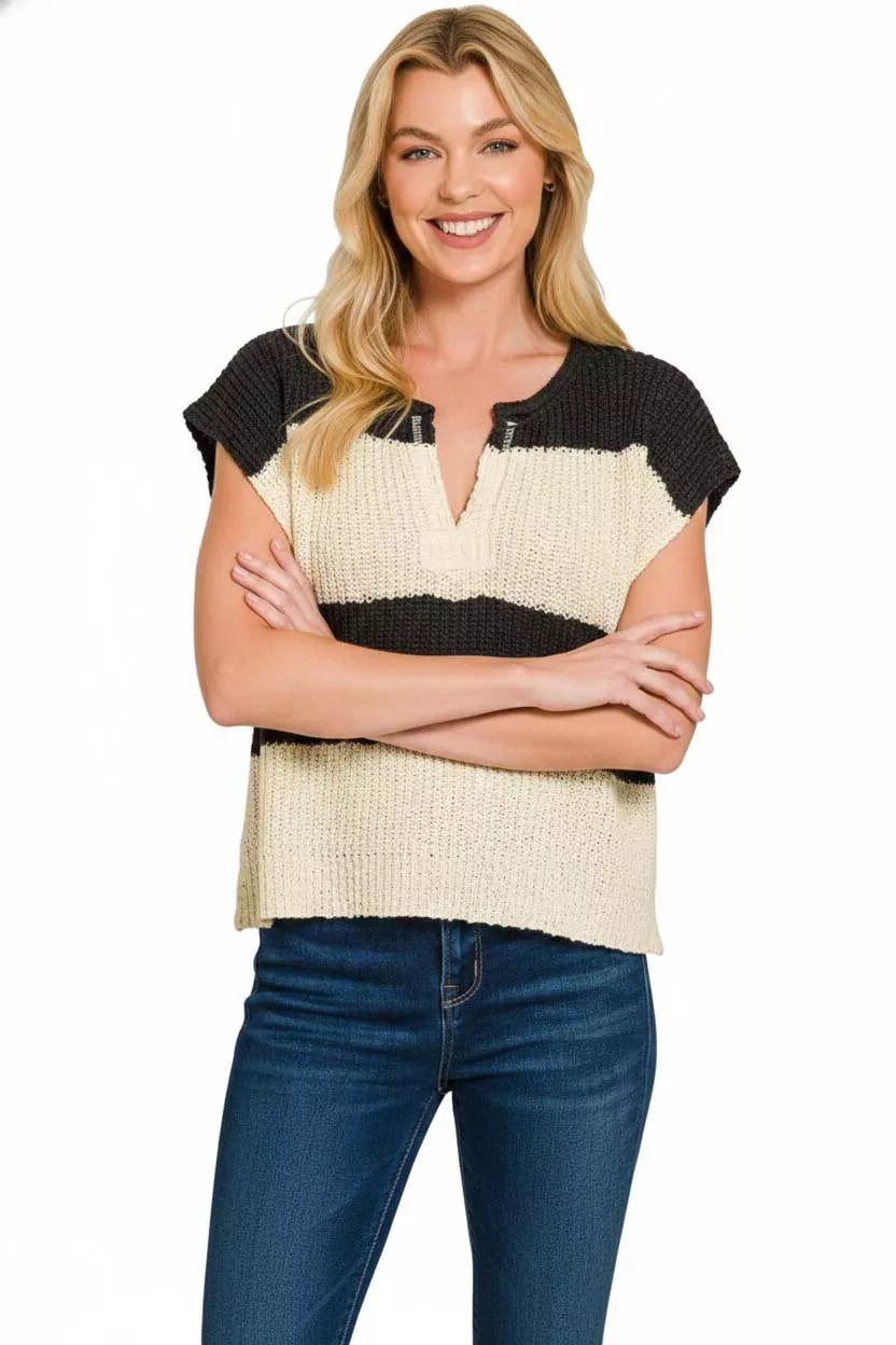 ZENANA Split Neck Sleeveless Stripe Sweater on Simply Obsessed