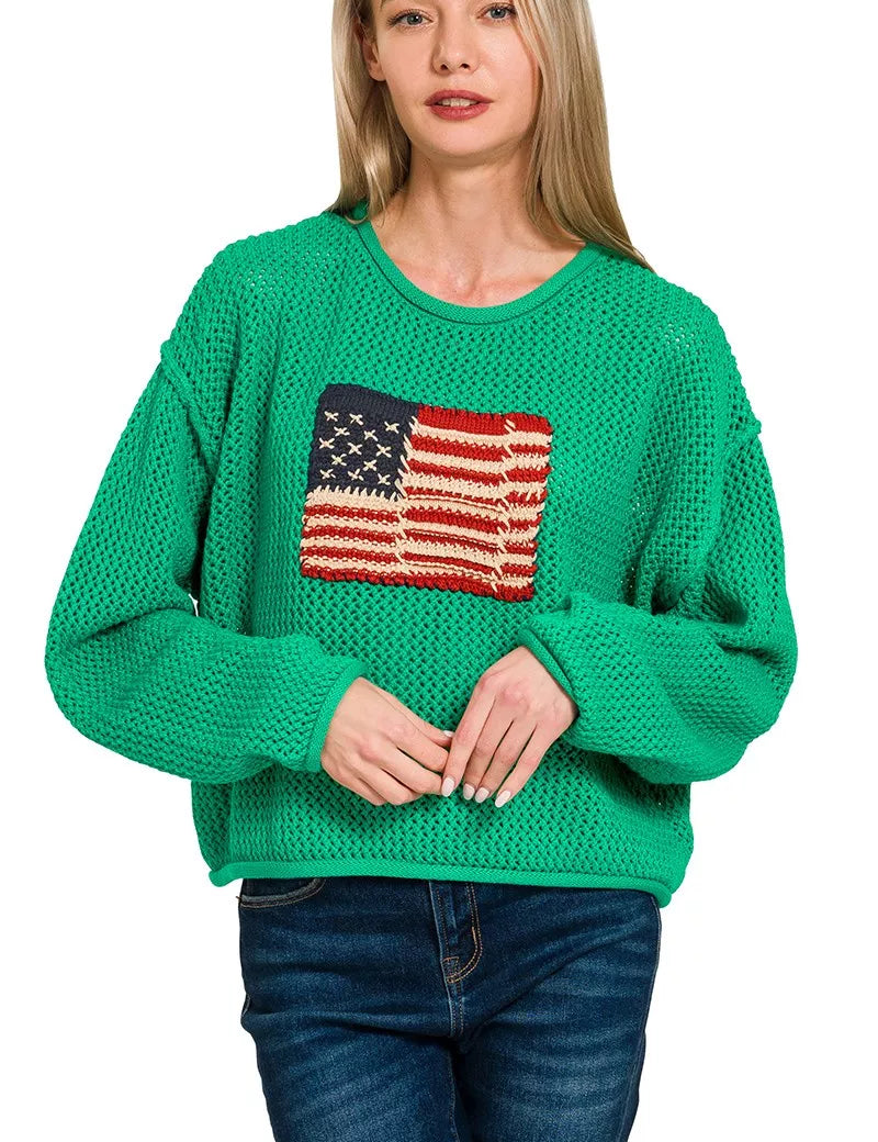 ZENANA American Flag Crew Neck Sweater on Simply Obsessed