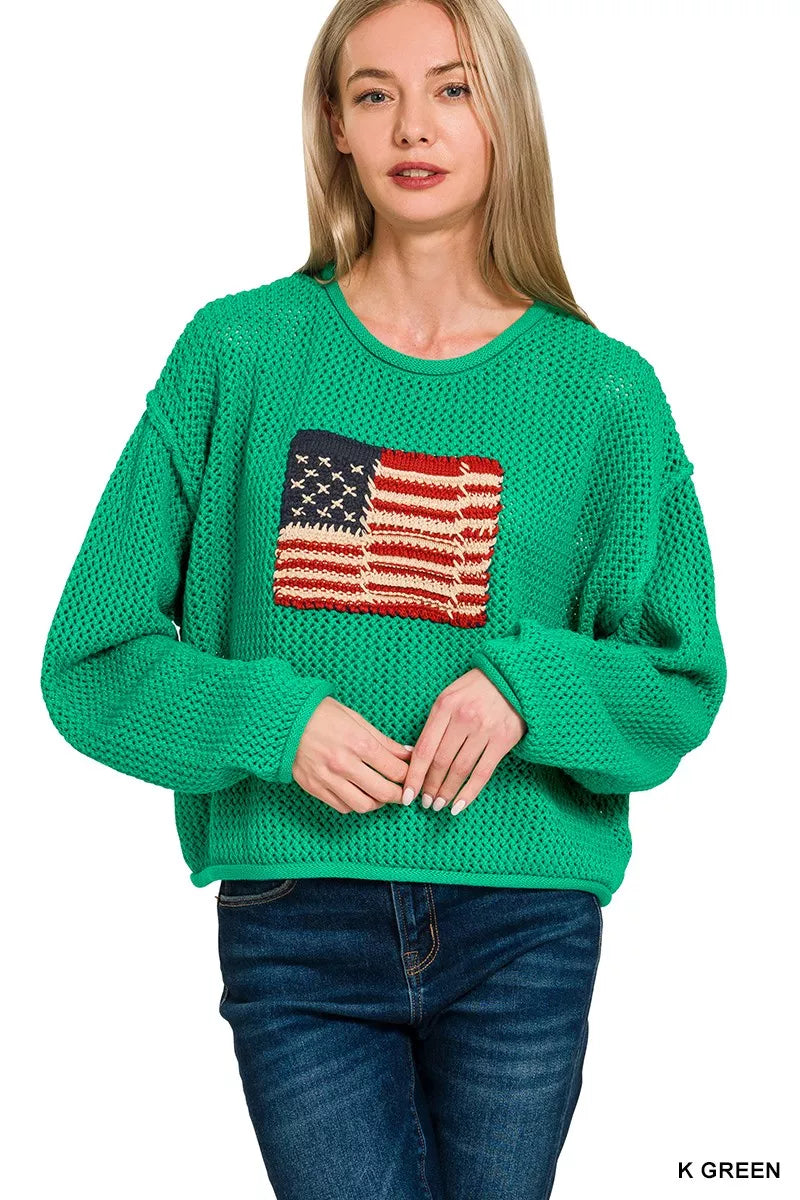 ZENANA American Flag Crew Neck Sweater on Simply Obsessed