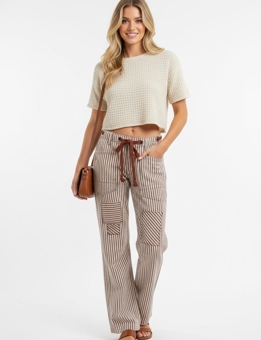 BIBI Drawstring Striped Twill Barrel Pants on Simply Obsessed