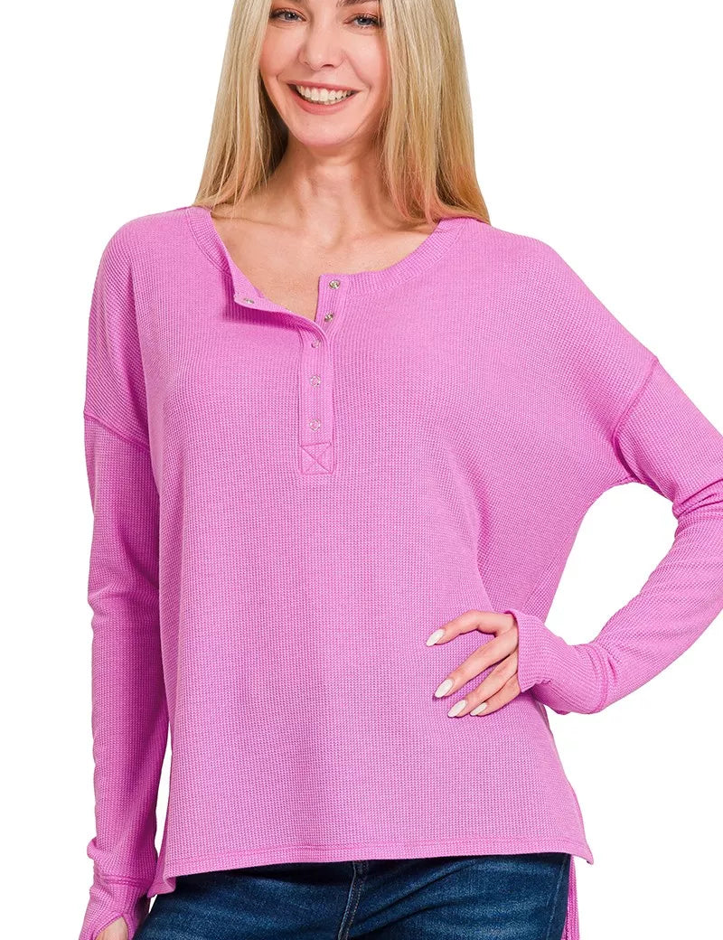 ZENANA Waffle Thumb Hole Cuffs Henley Tee on Simply Obsessed