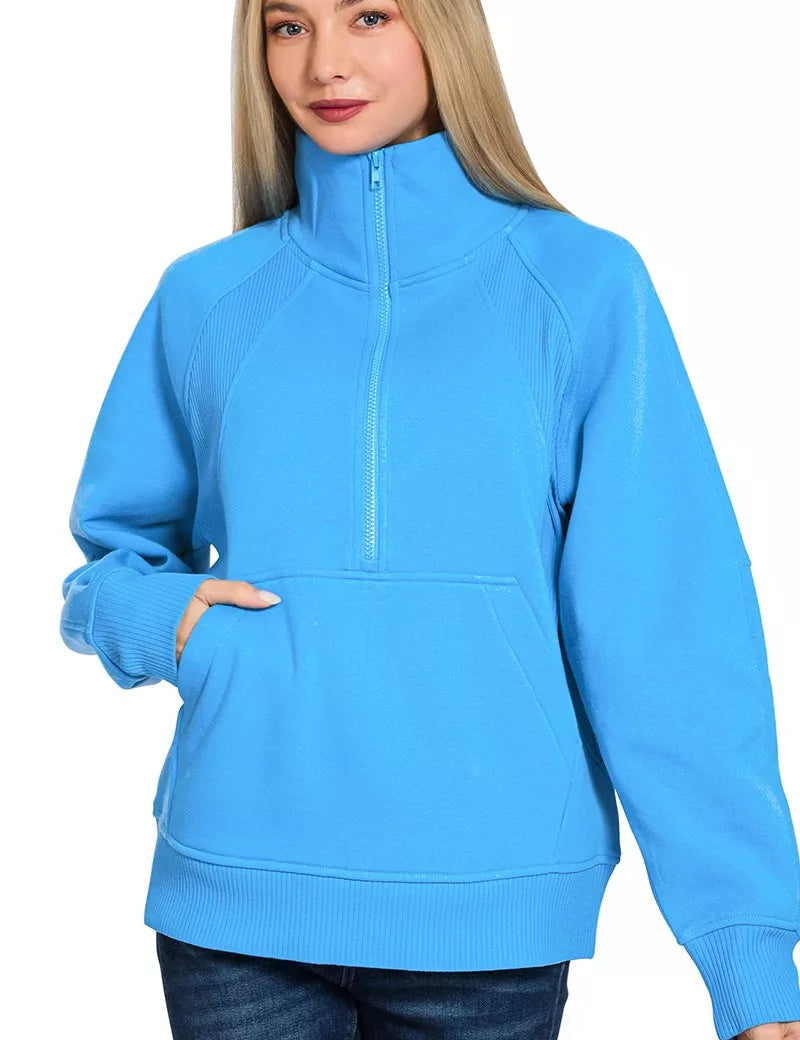 Zenana Half Zip Fleece Sweatshirt with kangaroo Pocket on Simply Obsessed