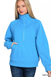 Zenana Half Zip Fleece Sweatshirt with kangaroo Pocket on Simply Obsessed