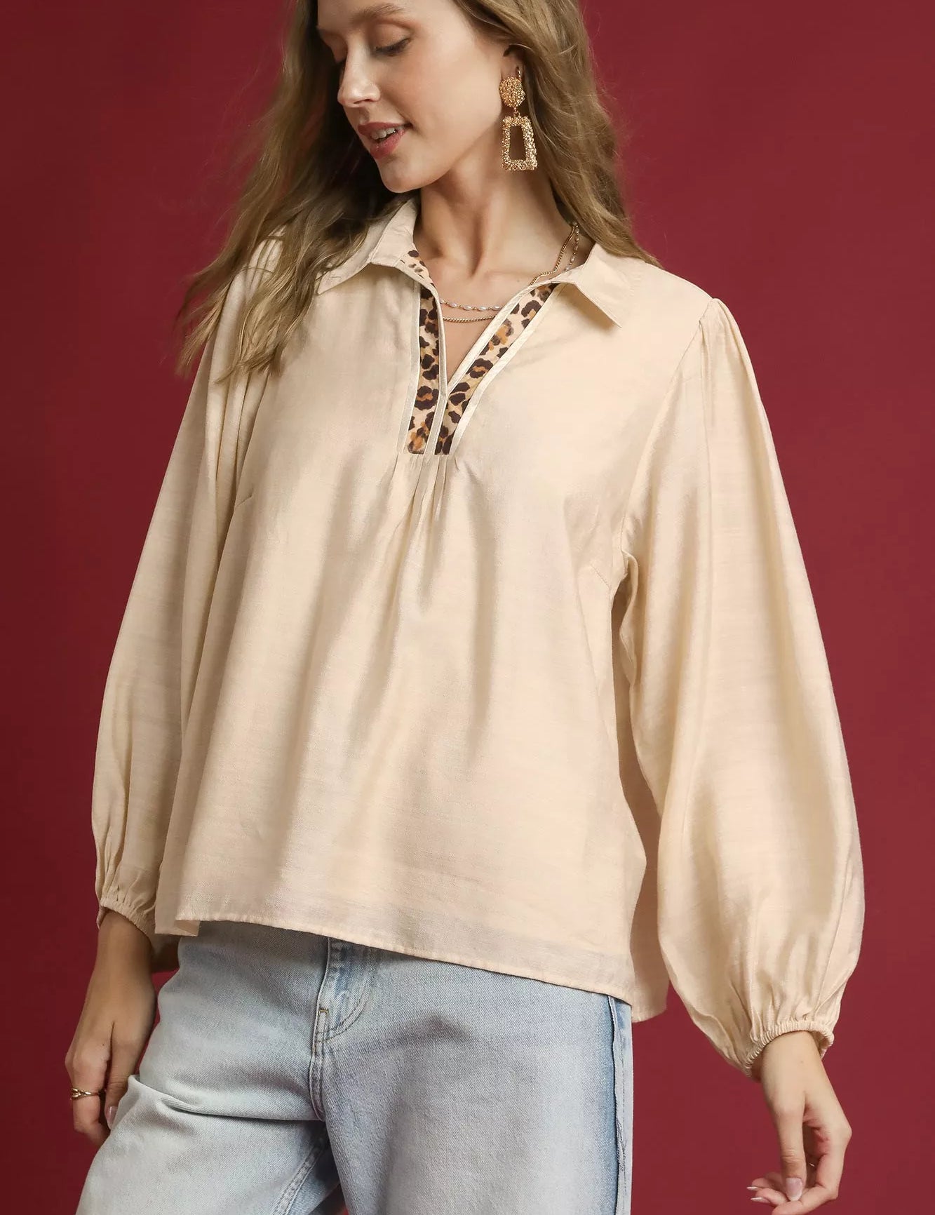 Umgee Long Sleeve Blouse with Leopard Print Trim on Simply Obsessed