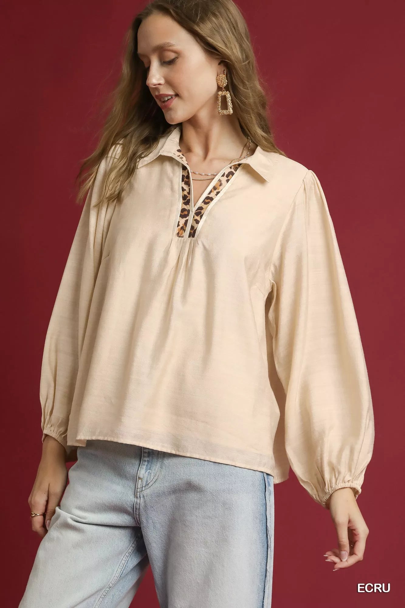 Umgee Long Sleeve Blouse with Leopard Print Trim on Simply Obsessed