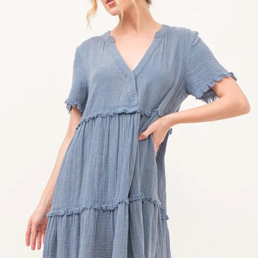 AND THE WHY Washed Frayed Detail Tiered Dress on Simply Obsessed