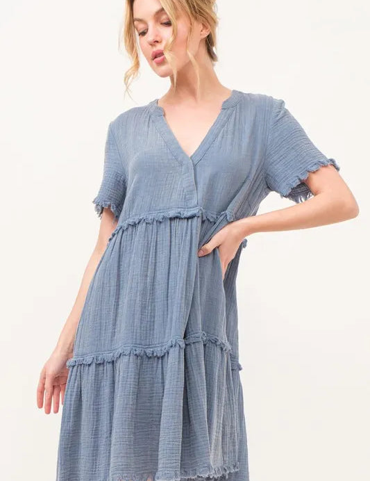 AND THE WHY Washed Frayed Detail Tiered Dress on Simply Obsessed