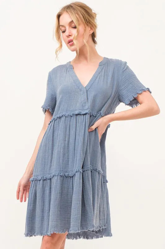 AND THE WHY Washed Frayed Detail Tiered Dress on Simply Obsessed