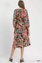 UMGEE Abstract Print Embroidered Belted Midi Dress on Simply Obsessed