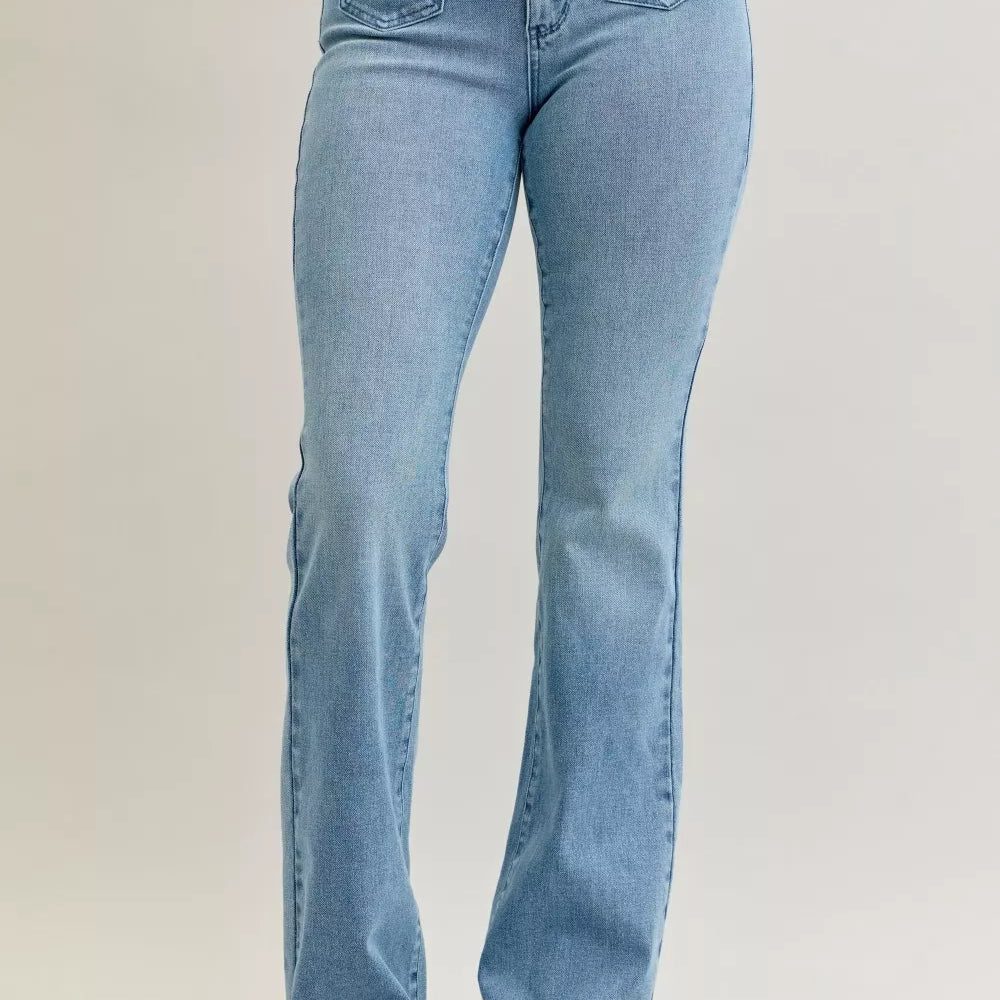 Judy Blue Full Size Mid Rise Bootcut Jeans with Contrast Wash & Front Patch Pockets Plus Size on Simply Obsessed