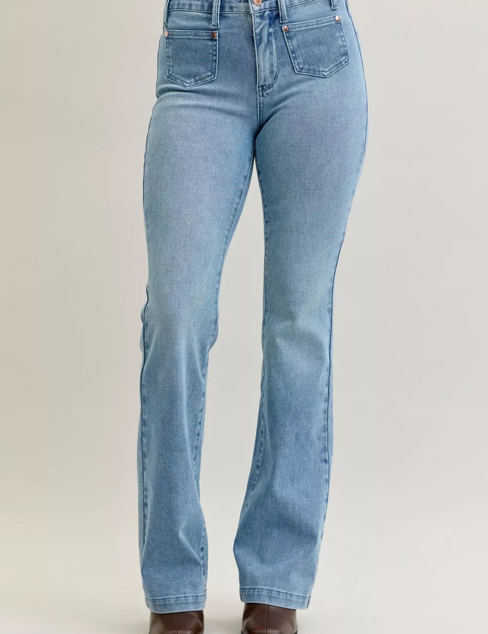 Judy Blue Full Size Mid Rise Bootcut Jeans with Contrast Wash & Front Patch Pockets Plus Size on Simply Obsessed
