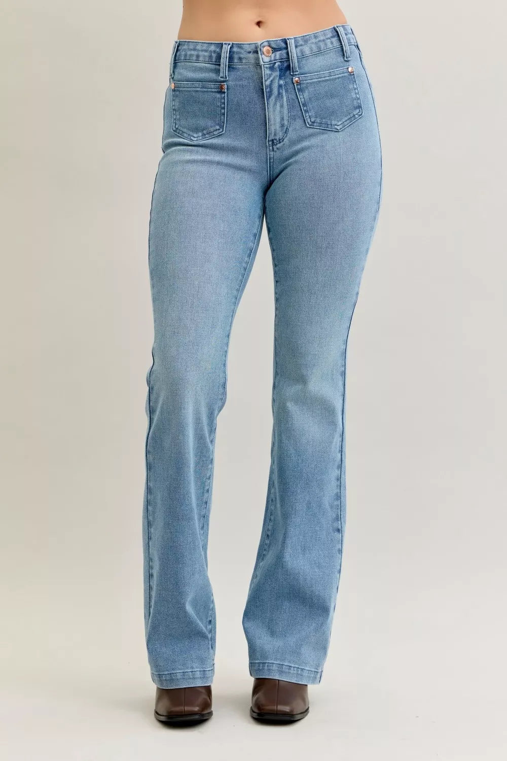 Judy Blue Full Size Mid Rise Bootcut Jeans with Contrast Wash & Front Patch Pockets Plus Size on Simply Obsessed