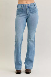 Judy Blue Full Size Mid Rise Bootcut Jeans with Contrast Wash & Front Patch Pockets Plus Size on Simply Obsessed
