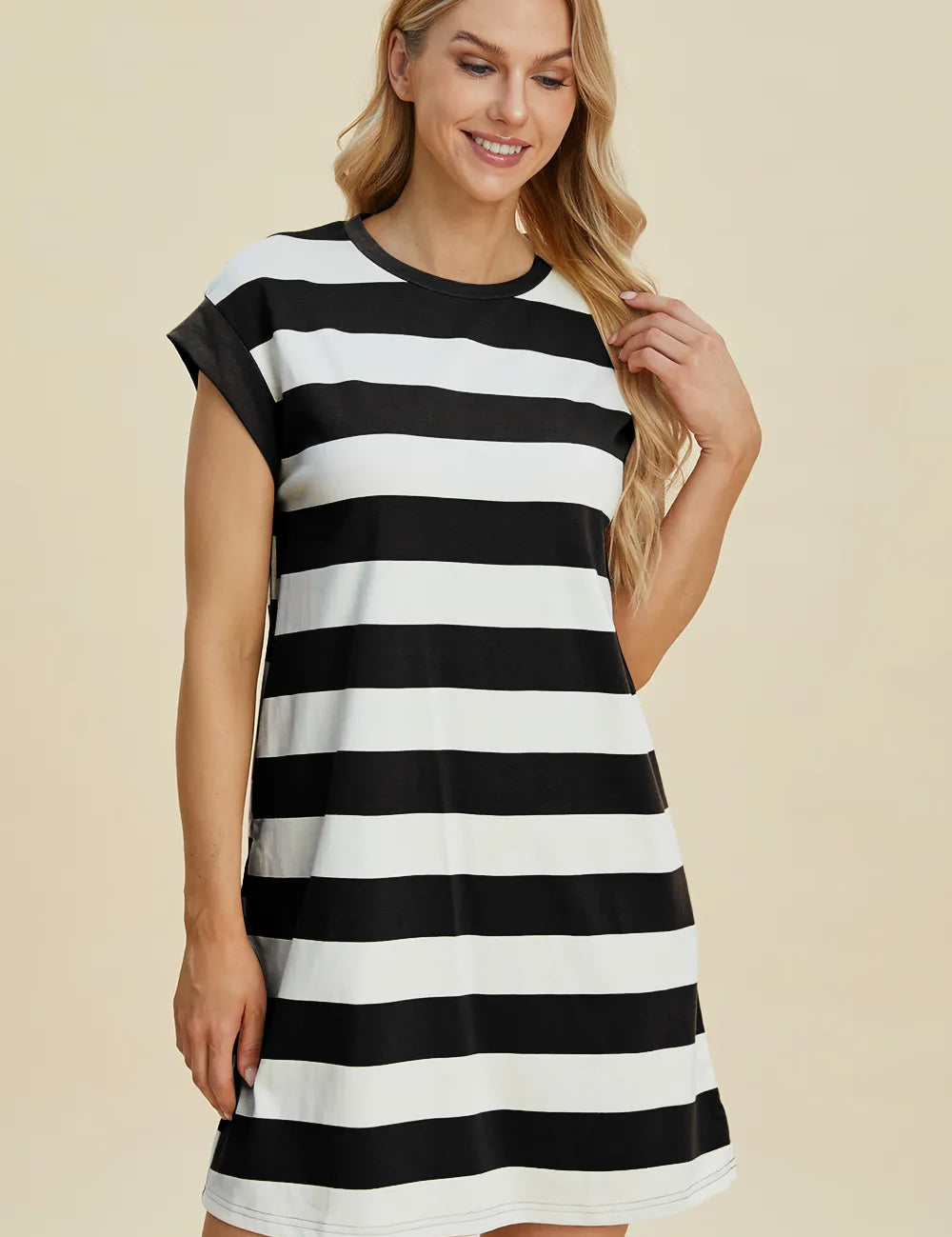 BASIC BAE Full Size Striped Round Neck Cap Sleeve Mini Dress on Simply Obsessed