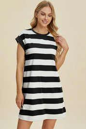 BASIC BAE Full Size Striped Round Neck Cap Sleeve Mini Dress on Simply Obsessed