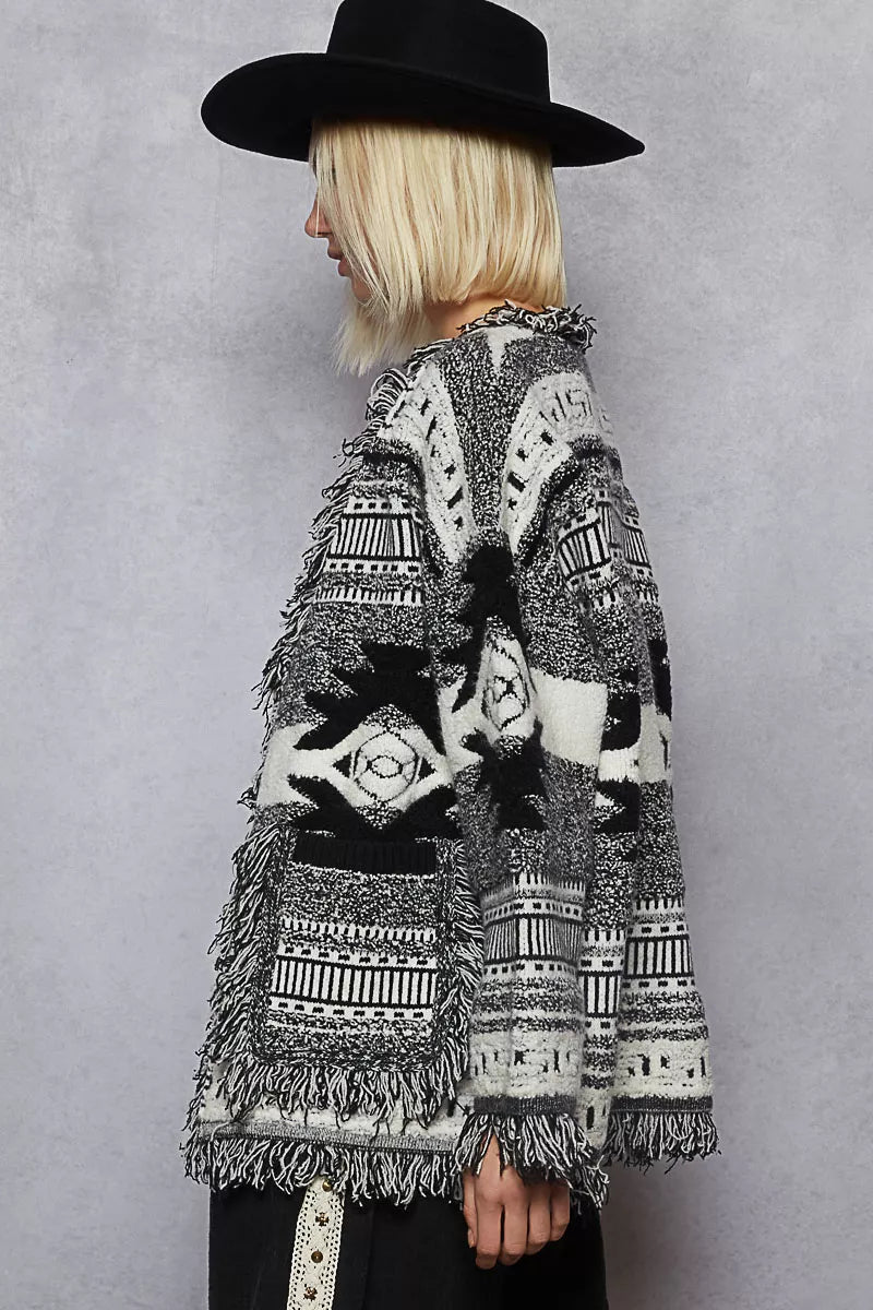 POL Open Front Geometric Print Cardigan with Fringe Detail on Simply Obsessed