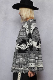 POL Open Front Geometric Print Cardigan with Fringe Detail on Simply Obsessed