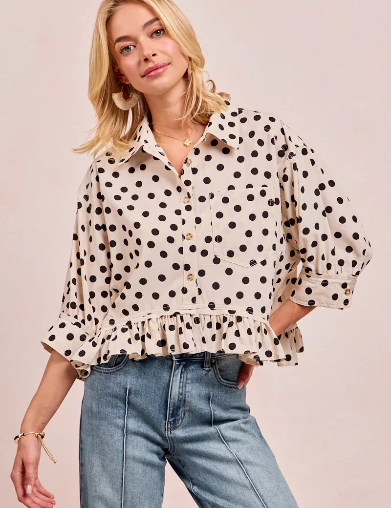 BIBI Polka Dot Printed Peplum Top with Front Button on Simply Obsessed