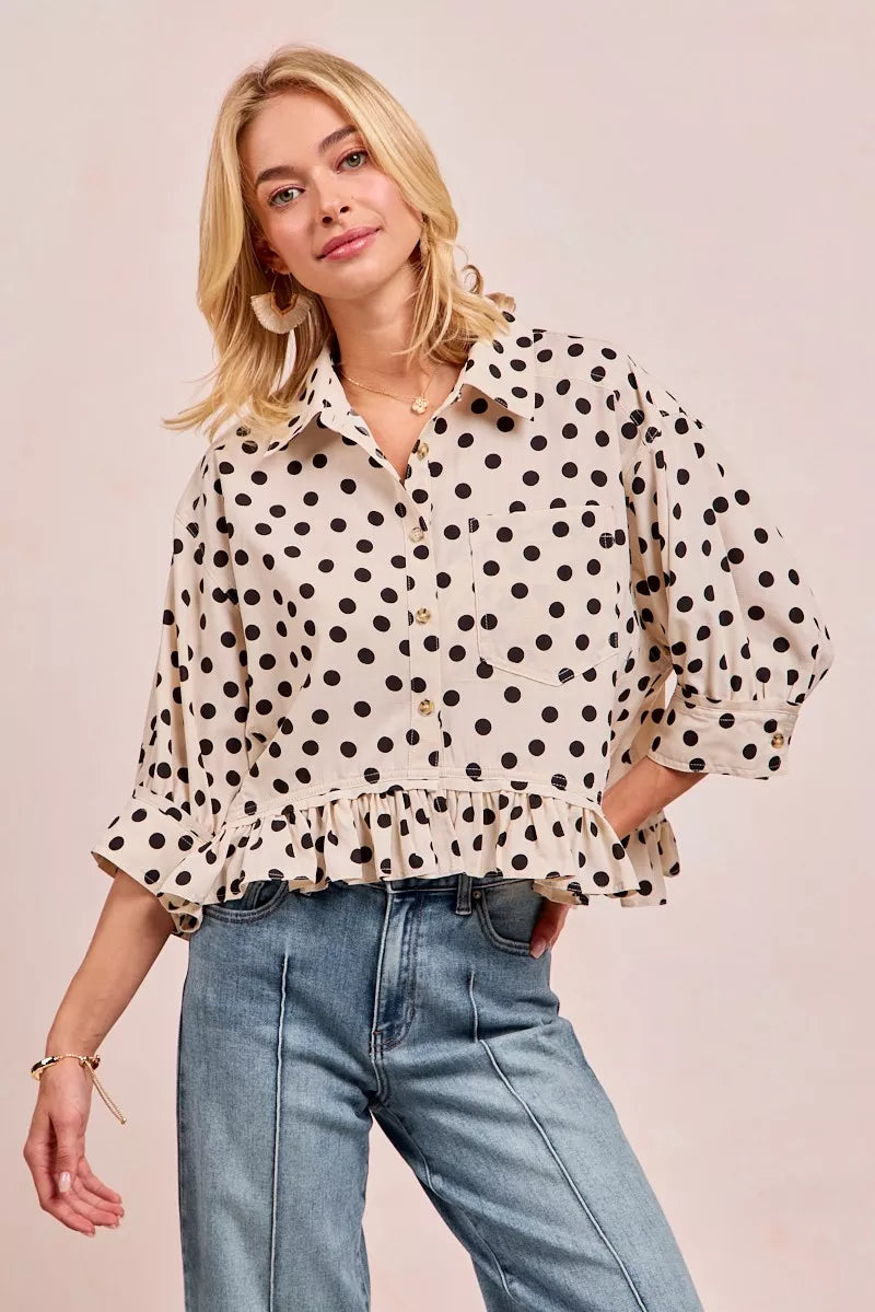 BIBI Polka Dot Printed Peplum Top with Front Button on Simply Obsessed