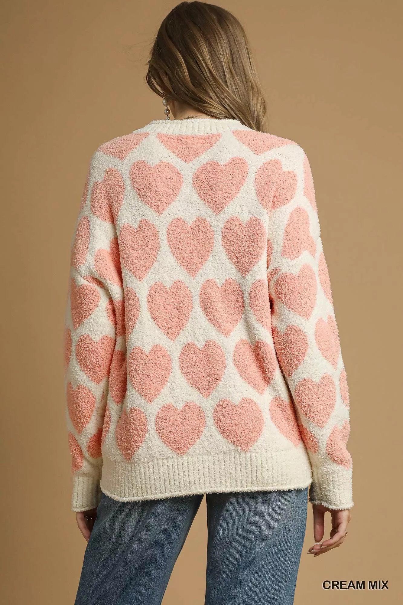 Umgee Mix Heart Pattern Pearl Accent Sweater on Simply Obsessed