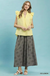UMGEE Textured Ruffle Sleeve Split V Neck Top on Simply Obsessed