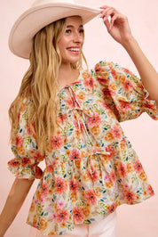 BIBI Flower Printed Shirring Detail Blouse Top on Simply Obsessed