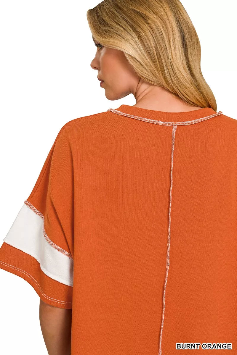 ZENANA French Terry Striped Exposed Seam Top on Simply Obsessed