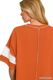 ZENANA French Terry Striped Exposed Seam Top on Simply Obsessed