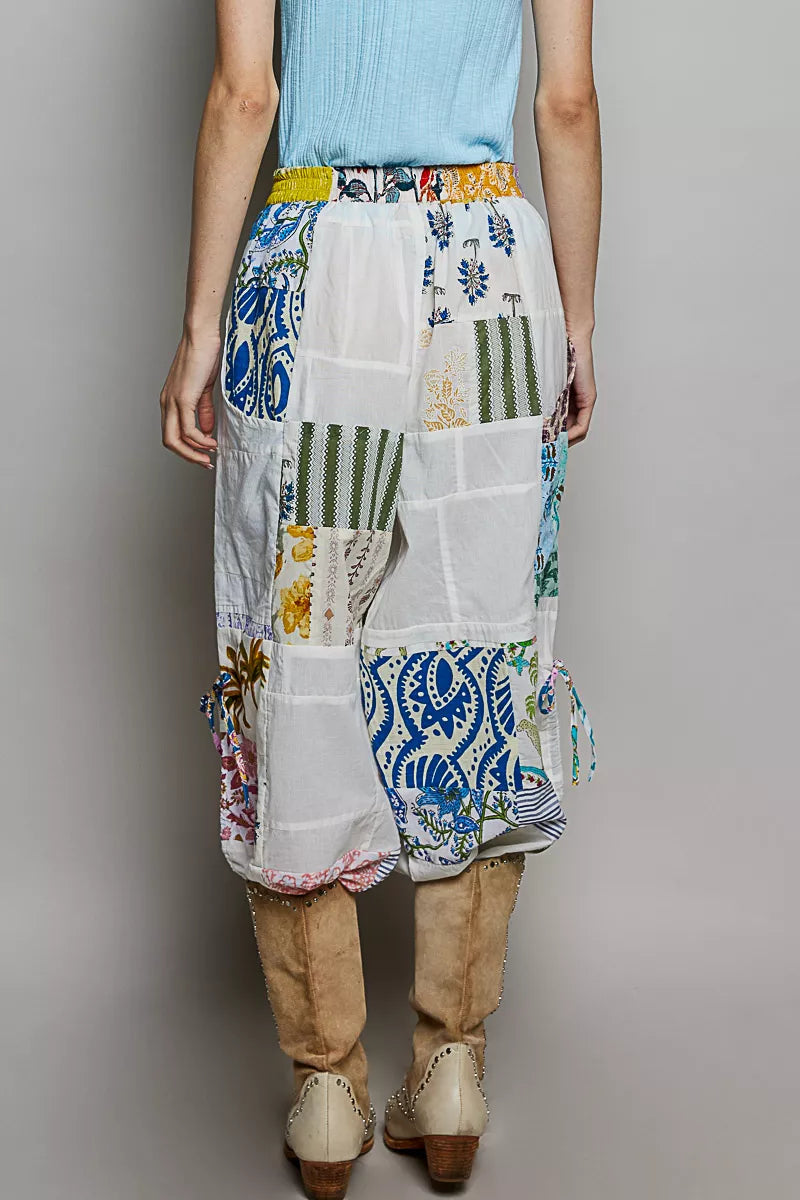 POL Printed Patchwork Wide Leg Pants with Adjustable Side Drawstring on Simply Obsessed