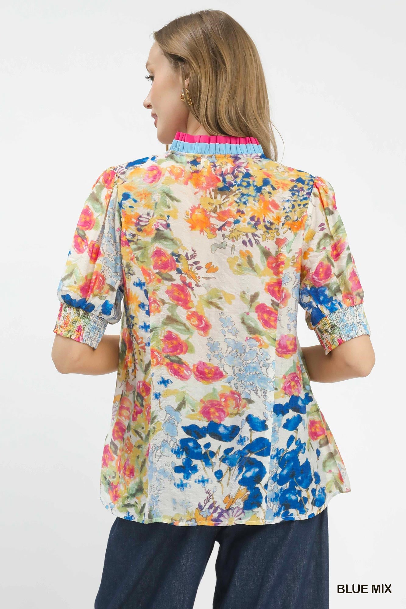 UMGEE Floral Contrast Pleat Neck Top **DEBUT SALE** on Simply Obsessed