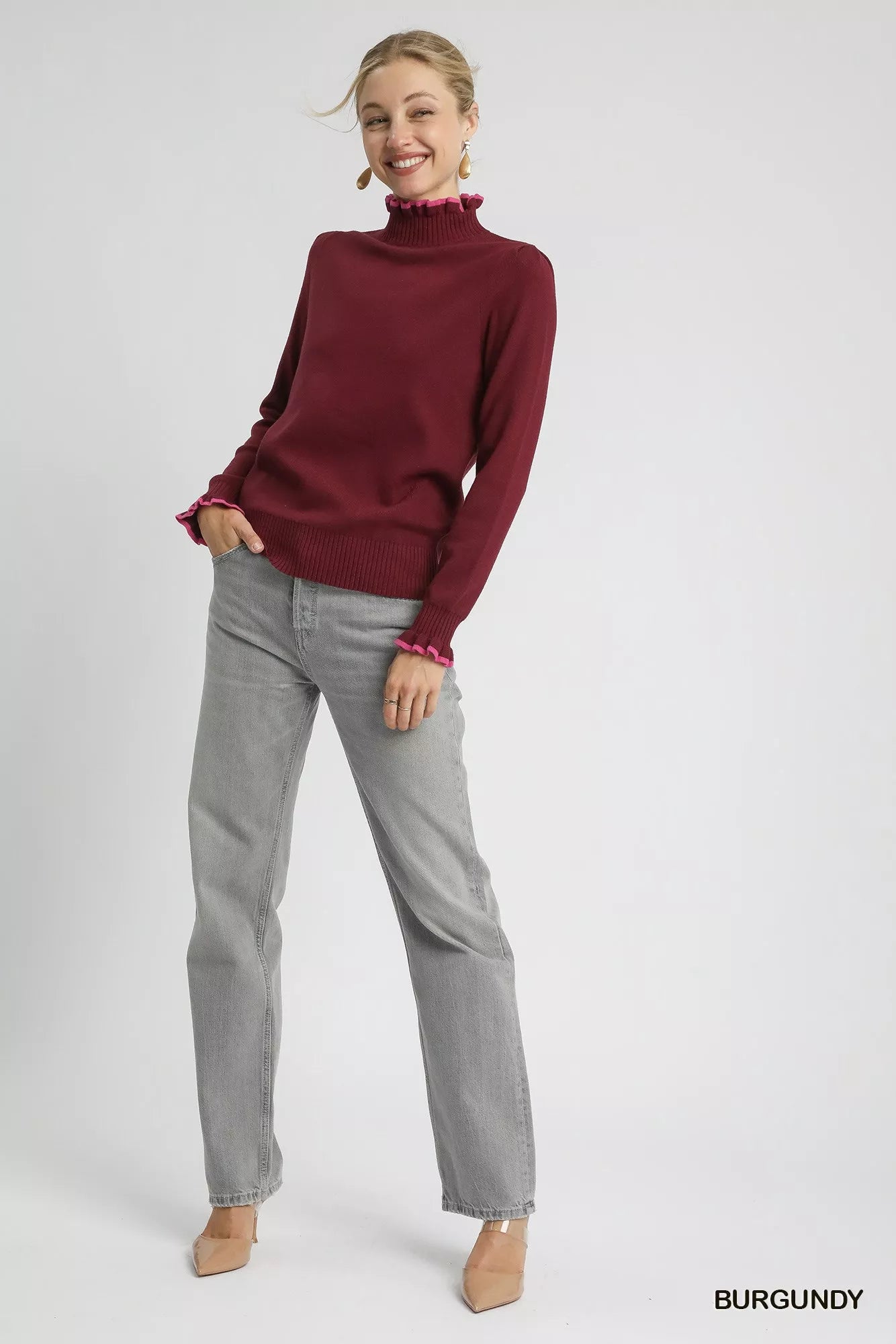 UMGEE Ribbed Round Neck Sweater with Ruffle Contrast Trim on Simply Obsessed