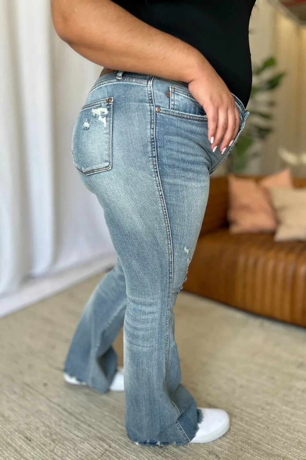 JUDY BLUE Full Size Medium Rise Tummy Control Destroy Flare on Simply Obsessed