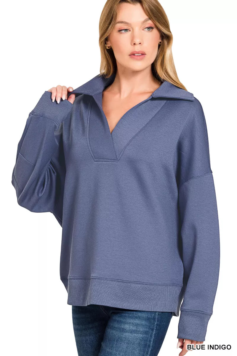 ZENANA Scuba Collared Pullover & Center Seam Pants Set on Simply Obsessed