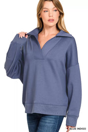 ZENANA Scuba Collared Pullover & Center Seam Pants Set on Simply Obsessed