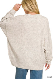 ZENANA Oversized Round Neck Exposed Seam Melange Sweater on Simply Obsessed