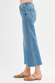 RISEN Tummy Control Mid Rise Crop Wide Front Slit Jeans on Simply Obsessed