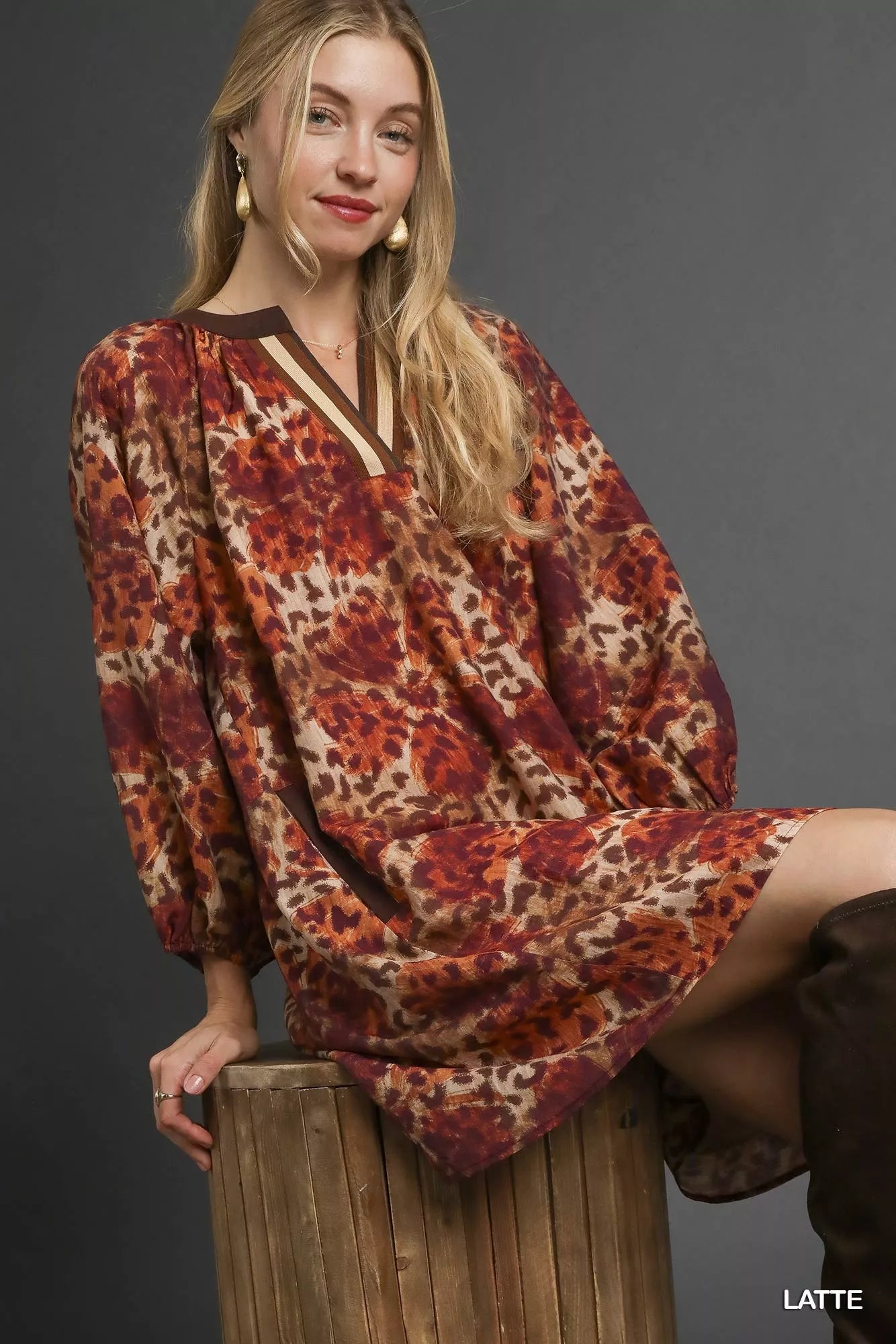 UMGEE Animal Print Boho Tunic Dress with Contrast Trim Detail on Simply Obsessed