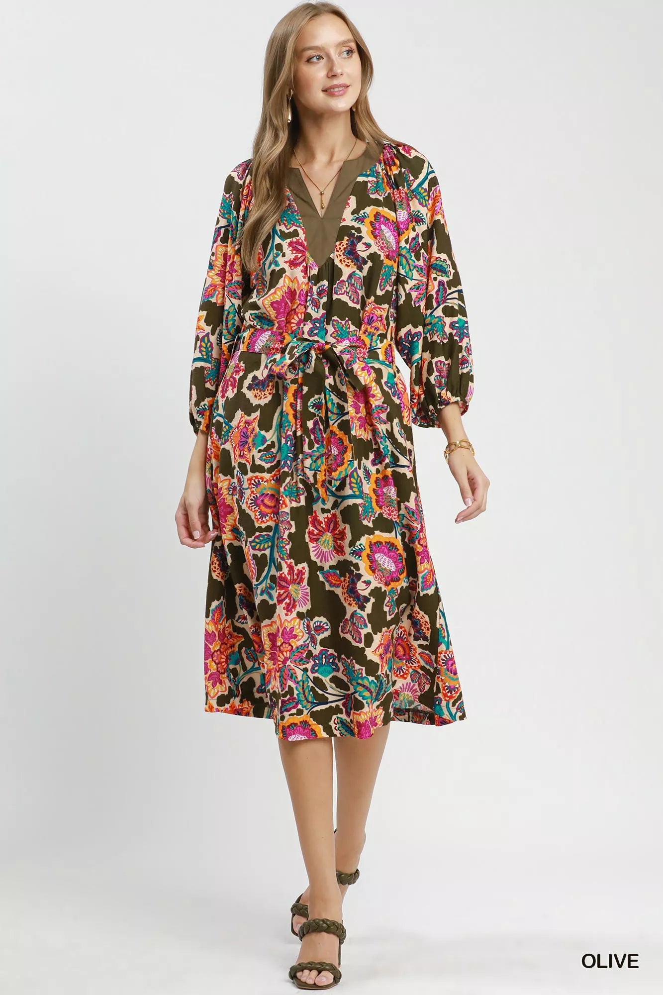 UMGEE Abstract Print Embroidered Belted Midi Dress on Simply Obsessed