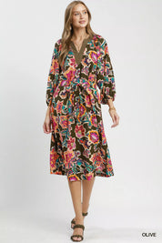 UMGEE Abstract Print Embroidered Belted Midi Dress on Simply Obsessed