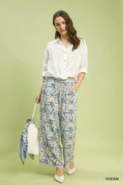 UMGEE Linen Printed Wide Leg Raw Hem Pants on Simply Obsessed