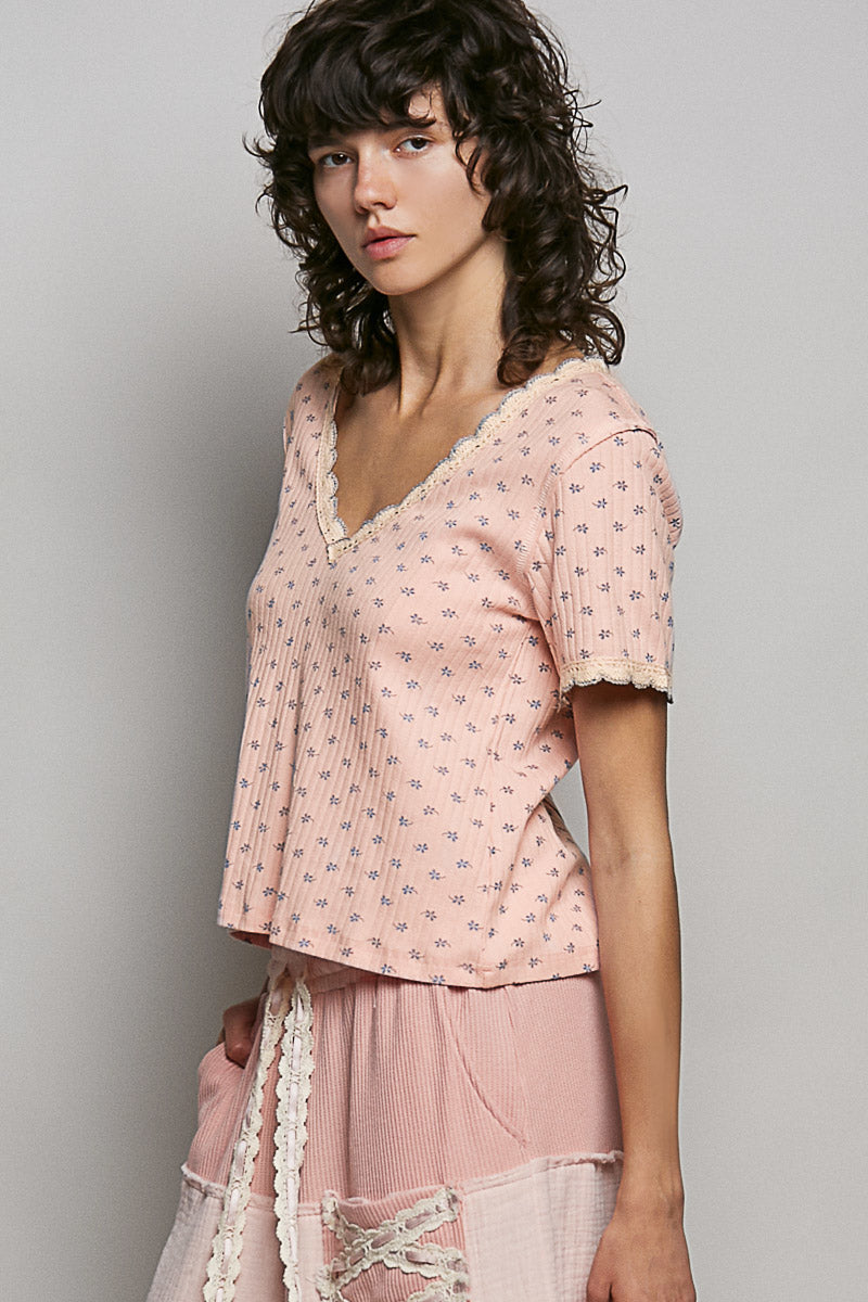 POL Floral V-Neck Short Sleeve Rib T-Shirt on Simply Obsessed