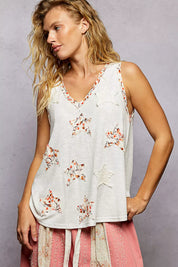 POL Floral Print Star Patch V-Neck Ribbed Tank on Simply Obsessed
