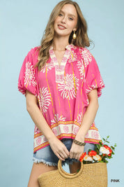 UMGEE Floral Border Smocked V-Neck Boho Blouse on Simply Obsessed