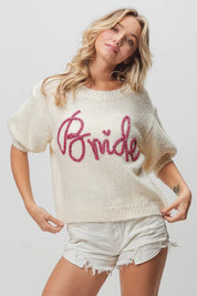 BIBI Metallic Letter Short Puff Sleeve Hairy Sweater on Simply Obsessed