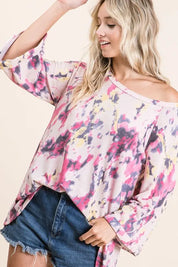 BIBI Tie Dye Print Terry A Line Top with Bell Sleeves on Simply Obsessed
