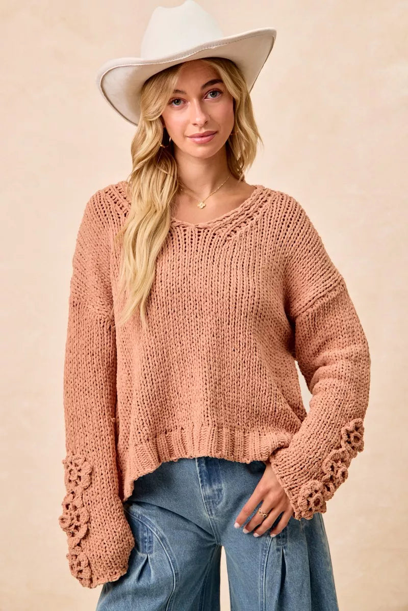 BiBi Chunky Knit Sweater with Flower Detail Sleeves on Simply Obsessed