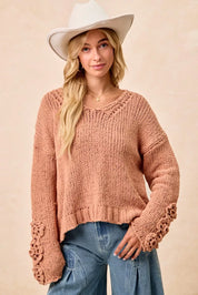 BiBi Chunky Knit Sweater with Flower Detail Sleeves on Simply Obsessed