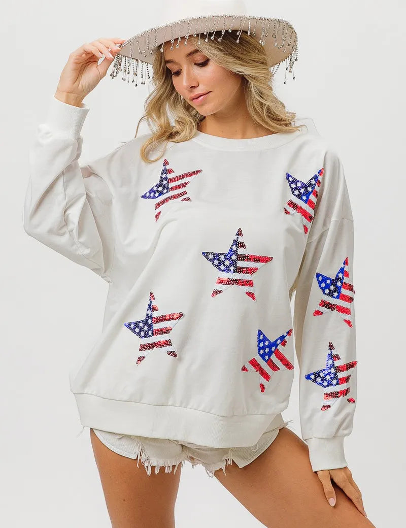 BIBI American Flag Sequin Star Sweatshirt on Simply Obsessed
