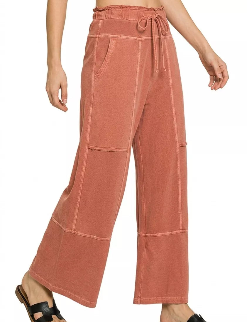 ZENANA French Terry Washed Exposed-seam Wide Leg Pants on Simply Obsessed