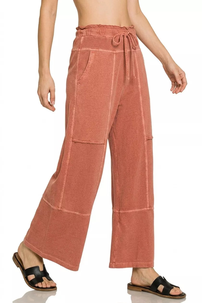 ZENANA French Terry Washed Exposed-seam Wide Leg Pants on Simply Obsessed